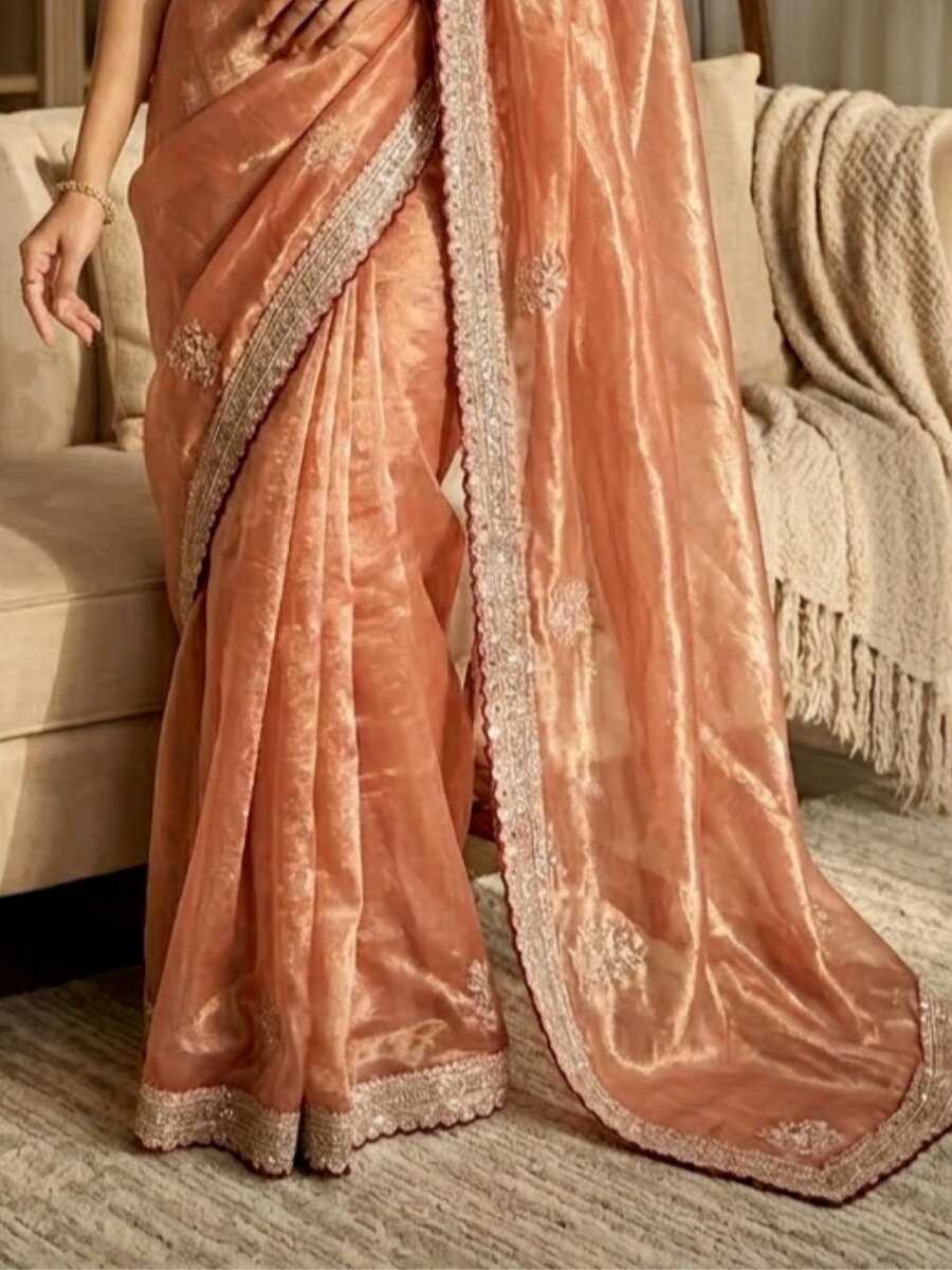 Peach Soft Frendy Satin Embroidery Sequins Zari Wedding Reception Party Festival Casual Heavy Border Sarees