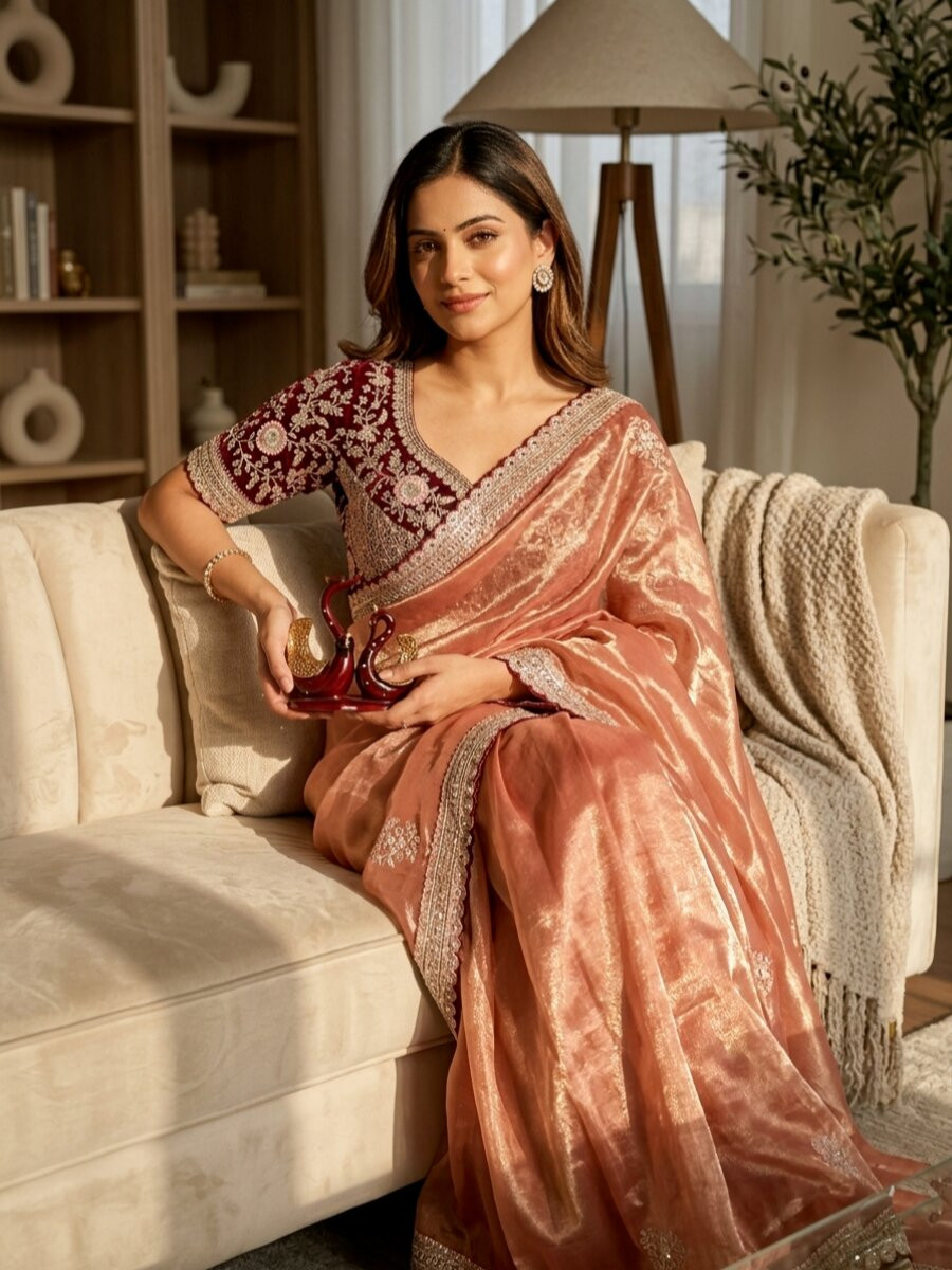 Peach Soft Frendy Satin Embroidery Sequins Zari Wedding Reception Party Festival Casual Heavy Border Sarees