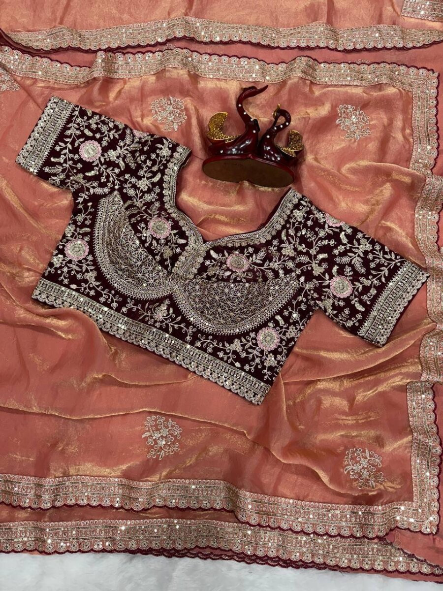 Peach Soft Frendy Satin Embroidery Sequins Zari Wedding Reception Party Festival Casual Heavy Border Sarees