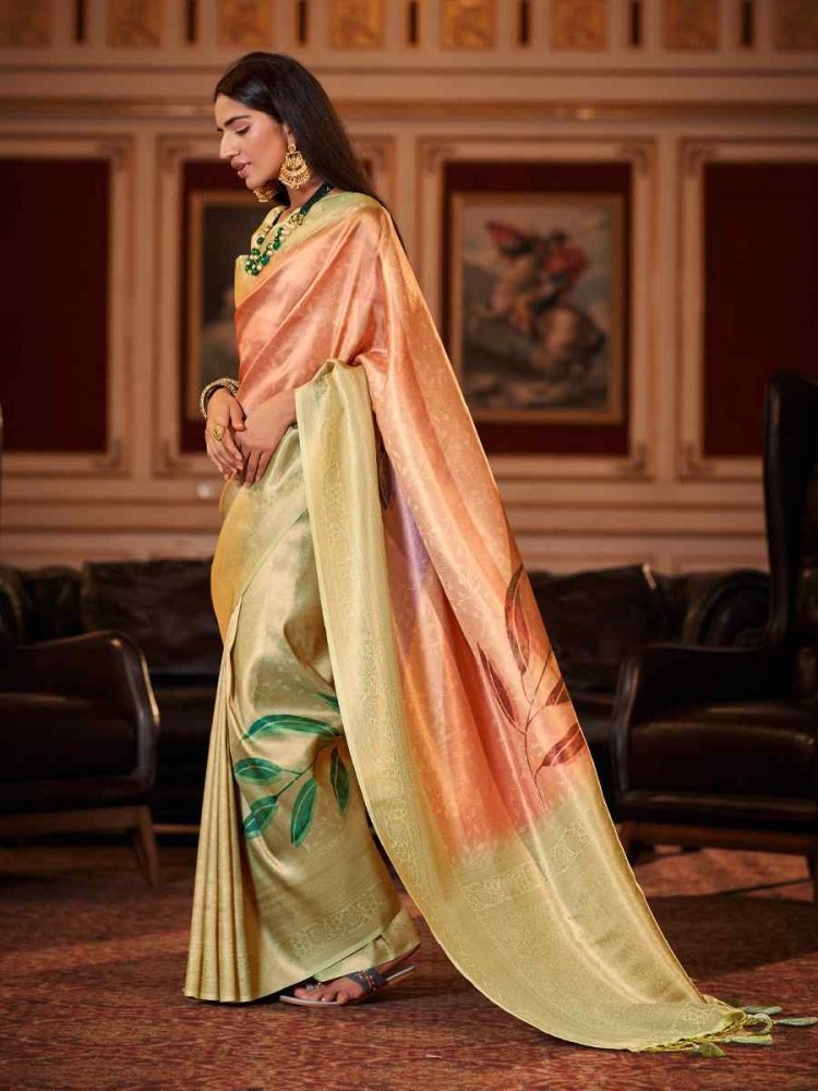 Peach Soft Jacquard Handwoven Wedding Festival Heavy Border Saree