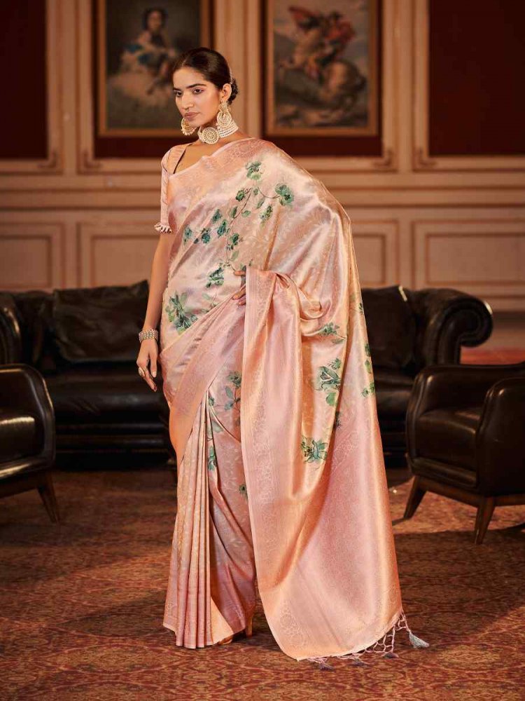 Peach Soft Jacquard Handwoven Wedding Festival Heavy Border Saree