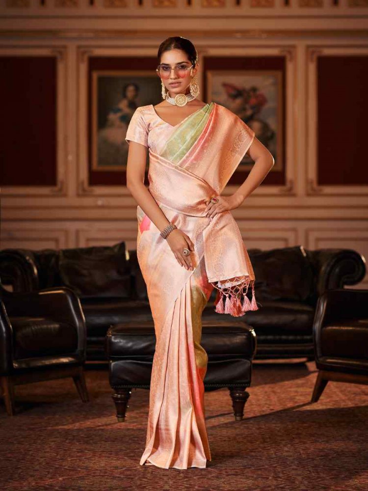 Peach Soft Jacquard Handwoven Wedding Festival Heavy Border Saree