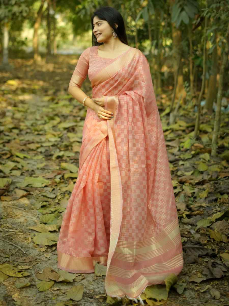 Image of Peach Soft Kalyani Silk Zari Handwoven Festival Wedding Fancy Heavy Border Saree
