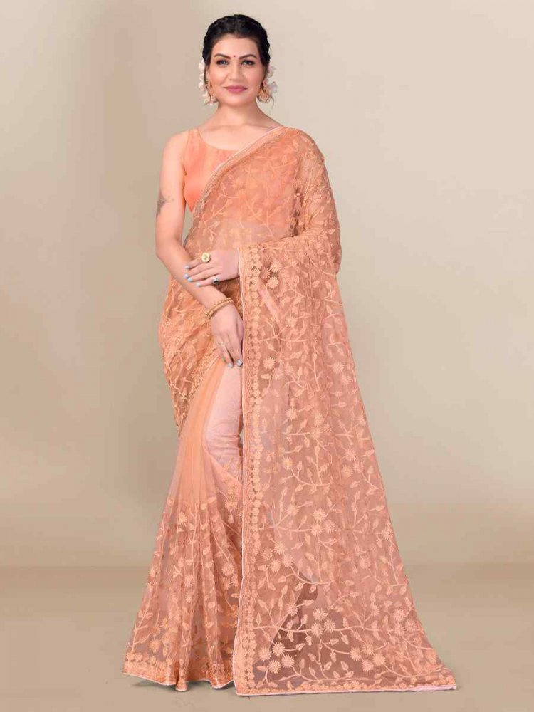 Peach Soft Net Applique Party Festival Contemporary Saree