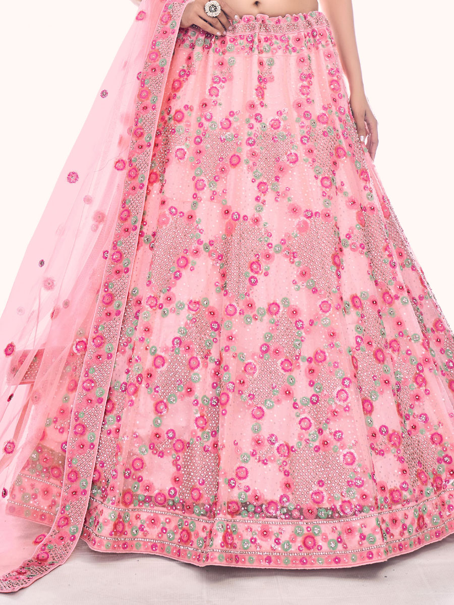 Peach Soft Net Embroidered Bridal Wedding Heavy Border Lehenga Choli