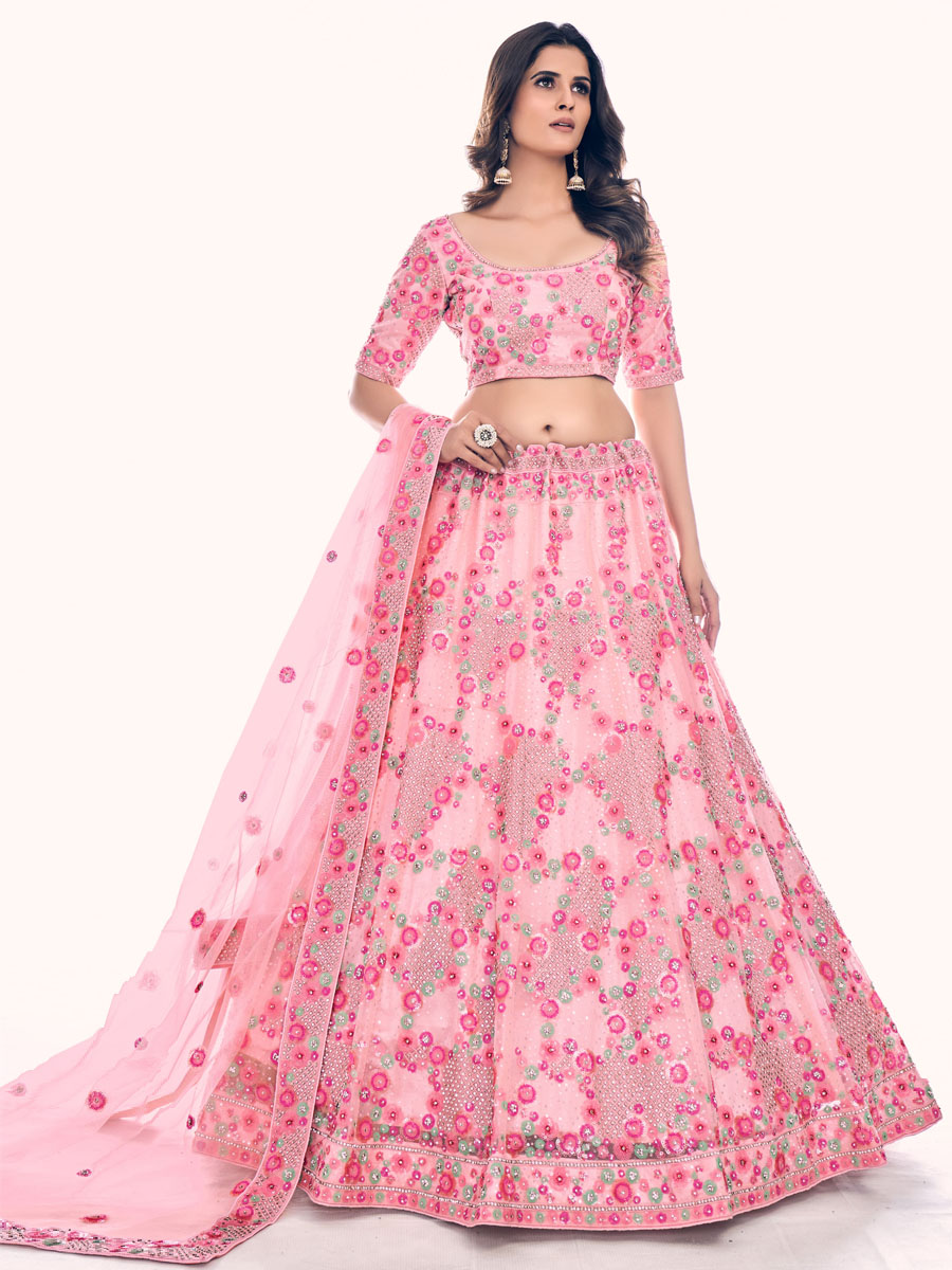 Peach Soft Net Embroidered Bridal Wedding Heavy Border Lehenga Choli