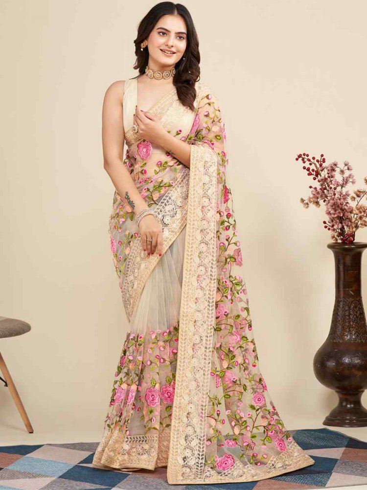 Peach Soft Net Embroidered Party Festival Classic Style Saree