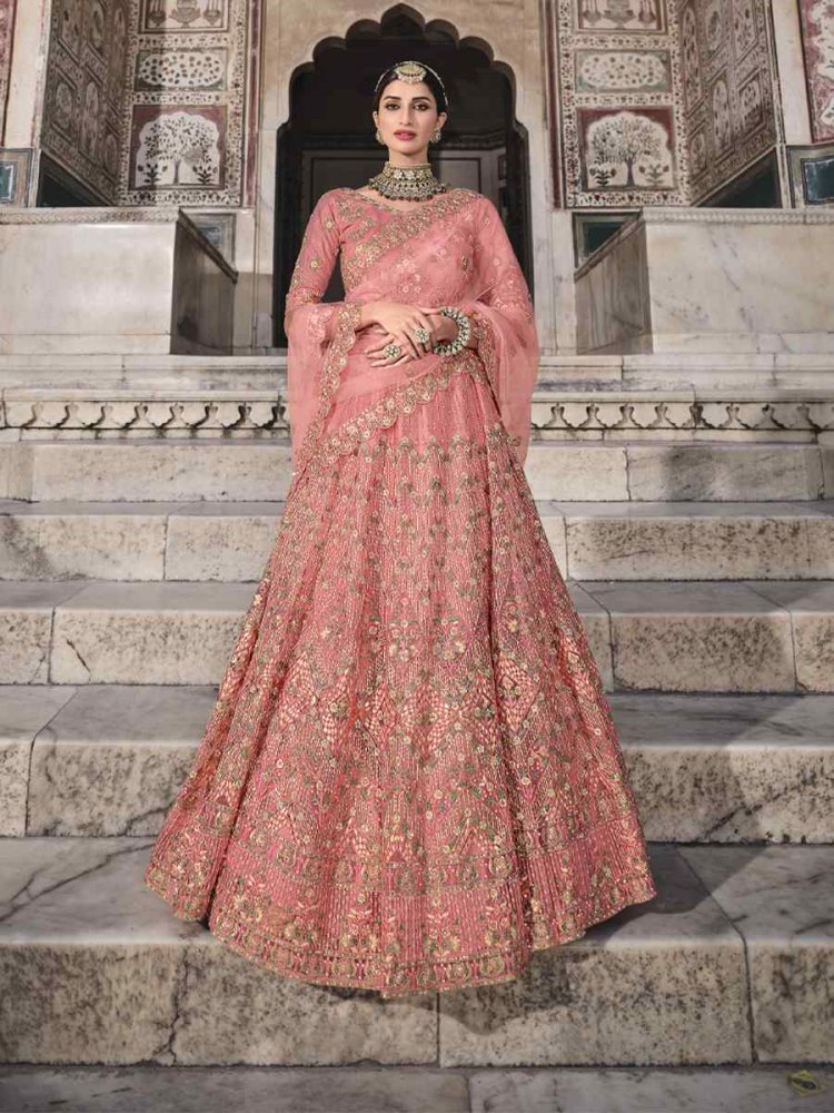 Peach Soft Net Embroidered Printed Wedding Bridesmaid Heavy Border Lehenga Choli