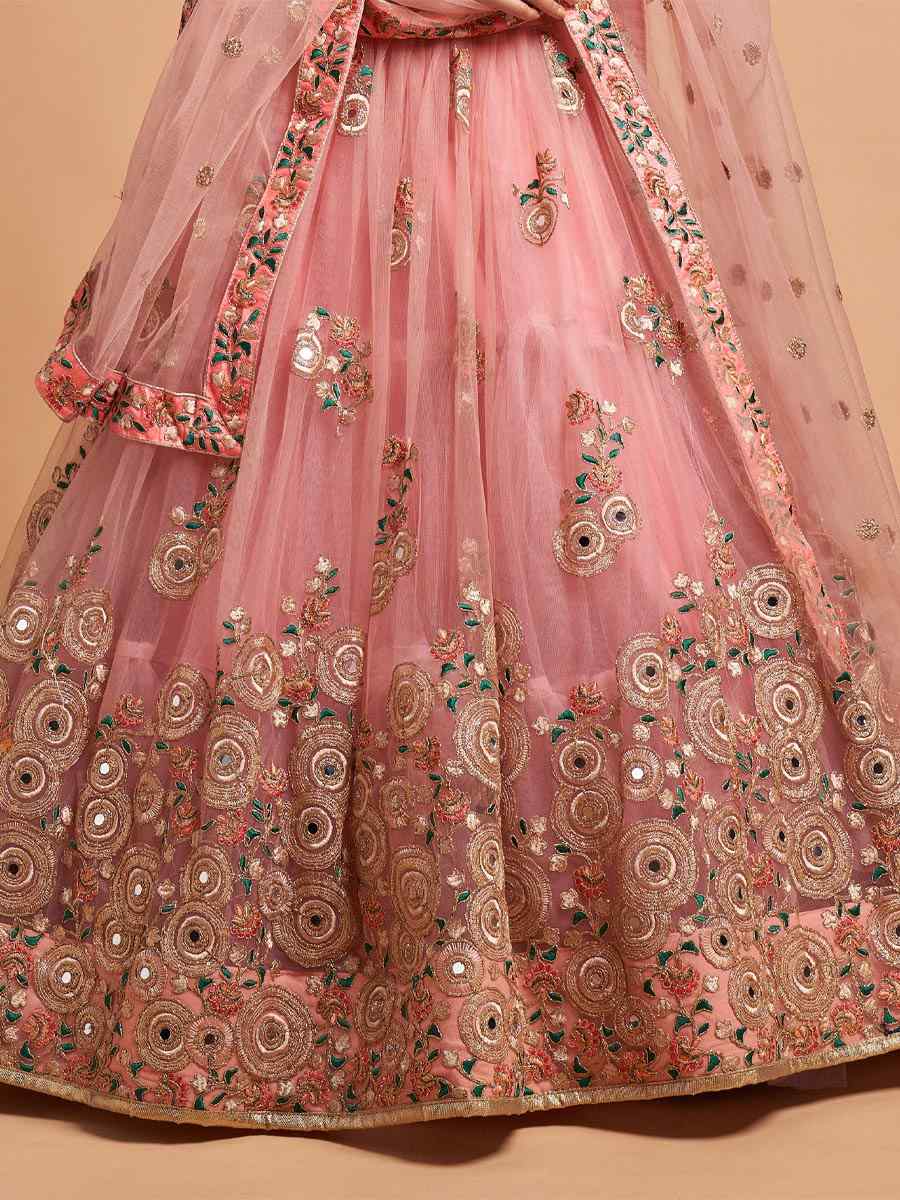 Peach Soft Net Embroidered Sequins Wedding Bridesmaid Circular Lehenga Choli