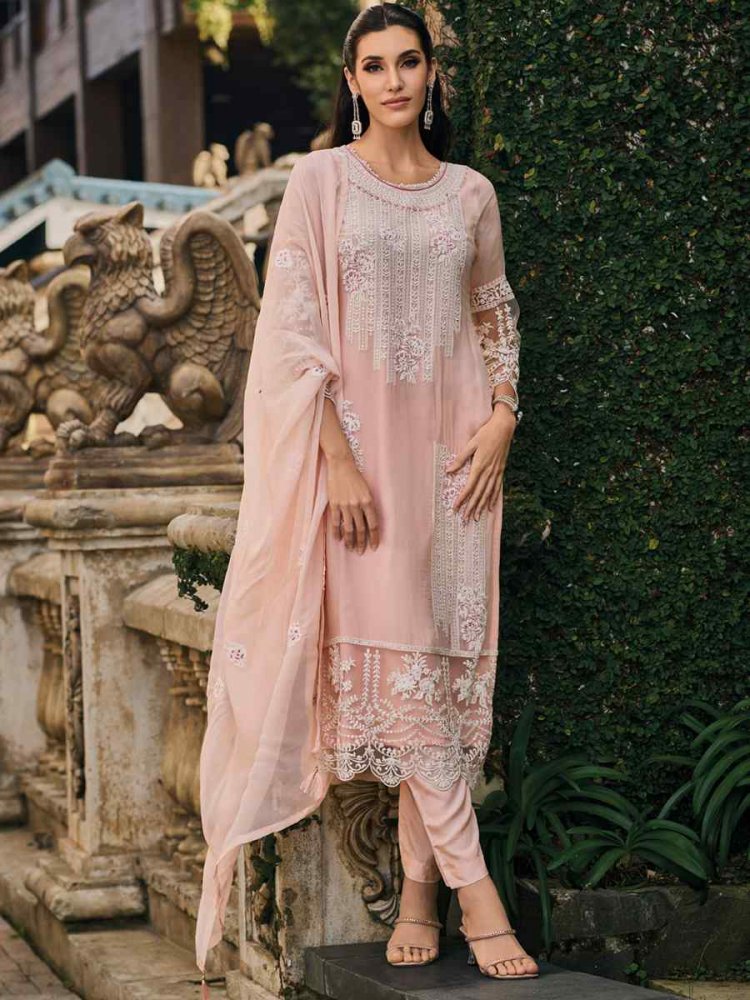 Peach Soft Organza Embroidered Festival Party Ready Pant Salwar Kameez