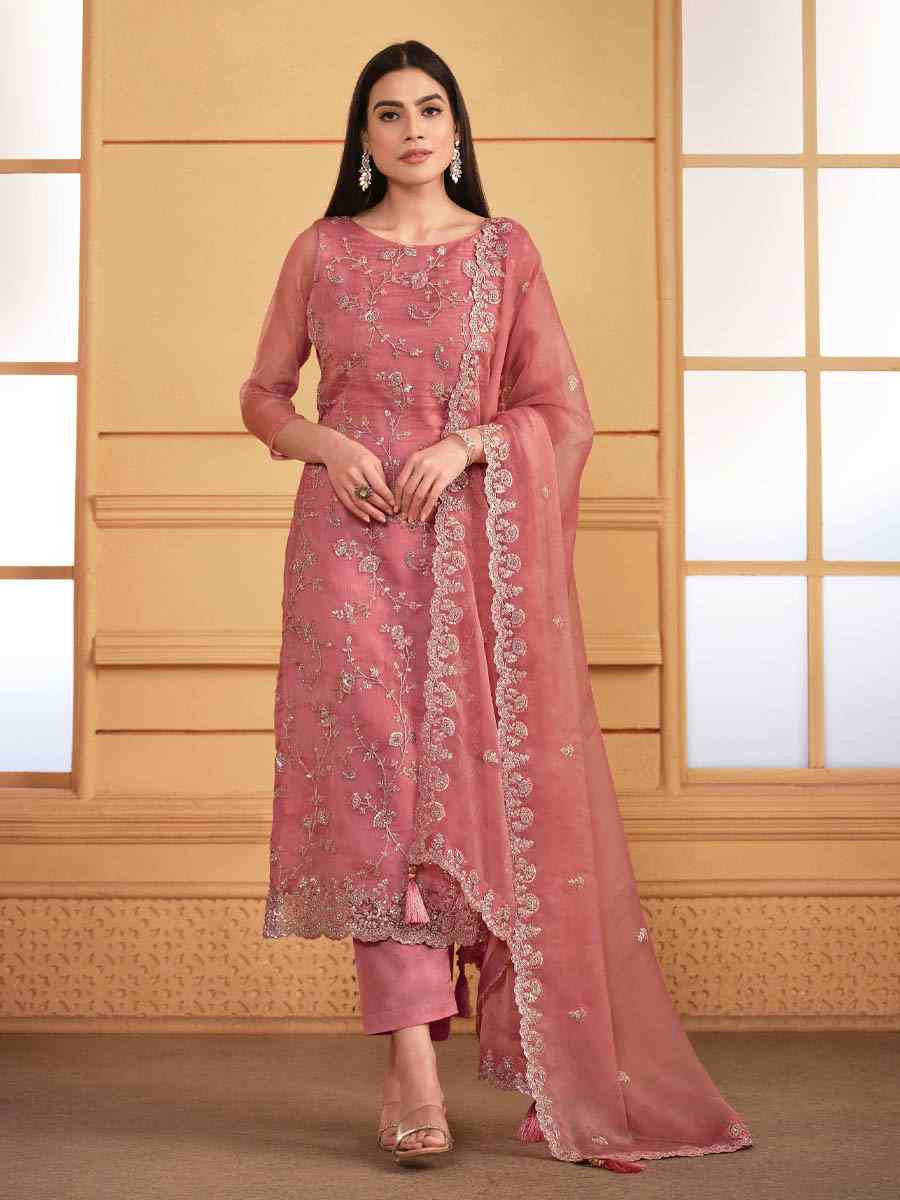 Peach Soft Organza Embroidered Festival Wedding Pant Salwar Kameez