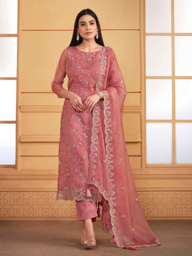 Peach Soft Organza Embroidered Festival Wedding Pant Salwar Kameez
