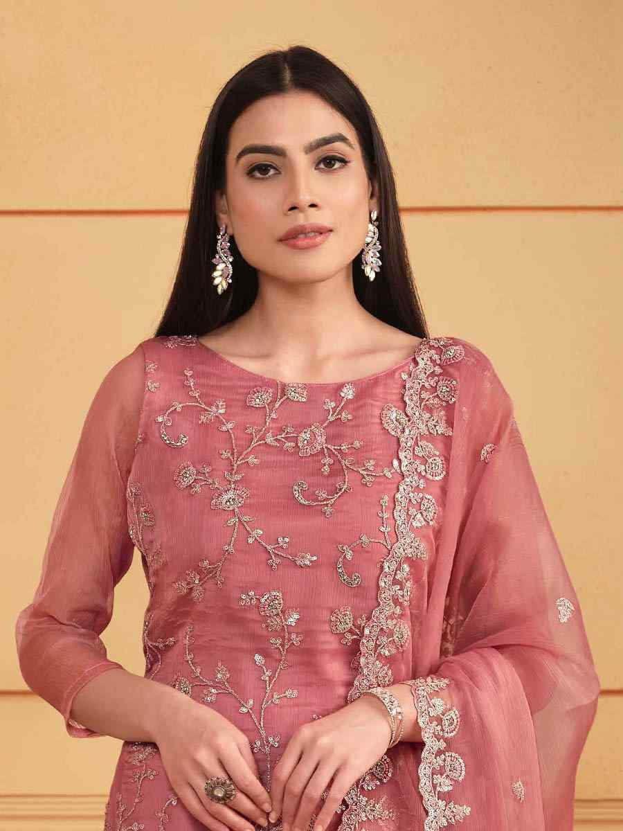 Peach Soft Organza Embroidered Festival Wedding Pant Salwar Kameez