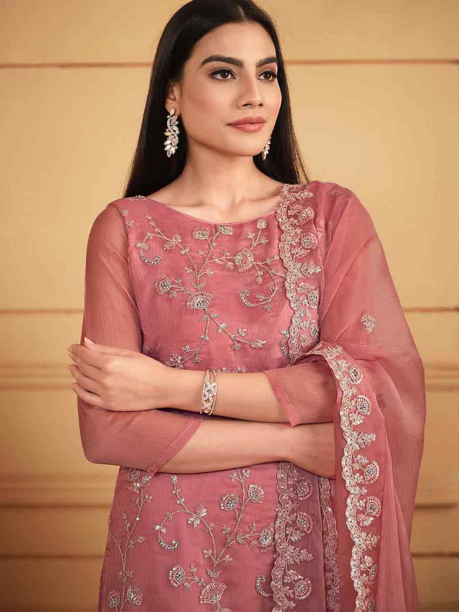 Peach Soft Organza Embroidered Festival Wedding Pant Salwar Kameez