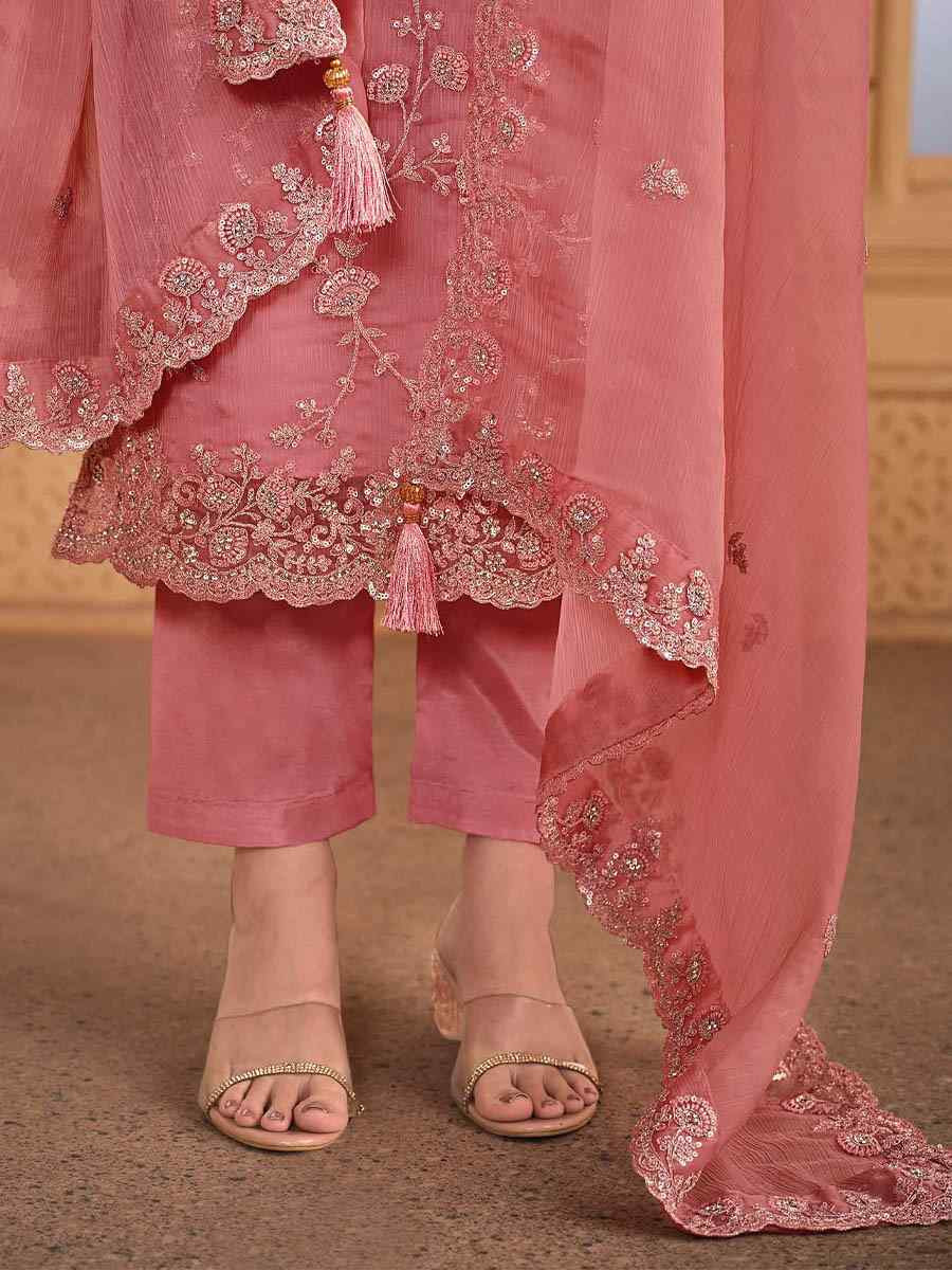 Peach Soft Organza Embroidered Festival Wedding Pant Salwar Kameez