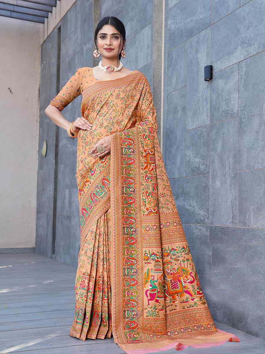 Peach Soft Pure Silk Handwoven Festival Wedding Fancy Heavy Border Saree