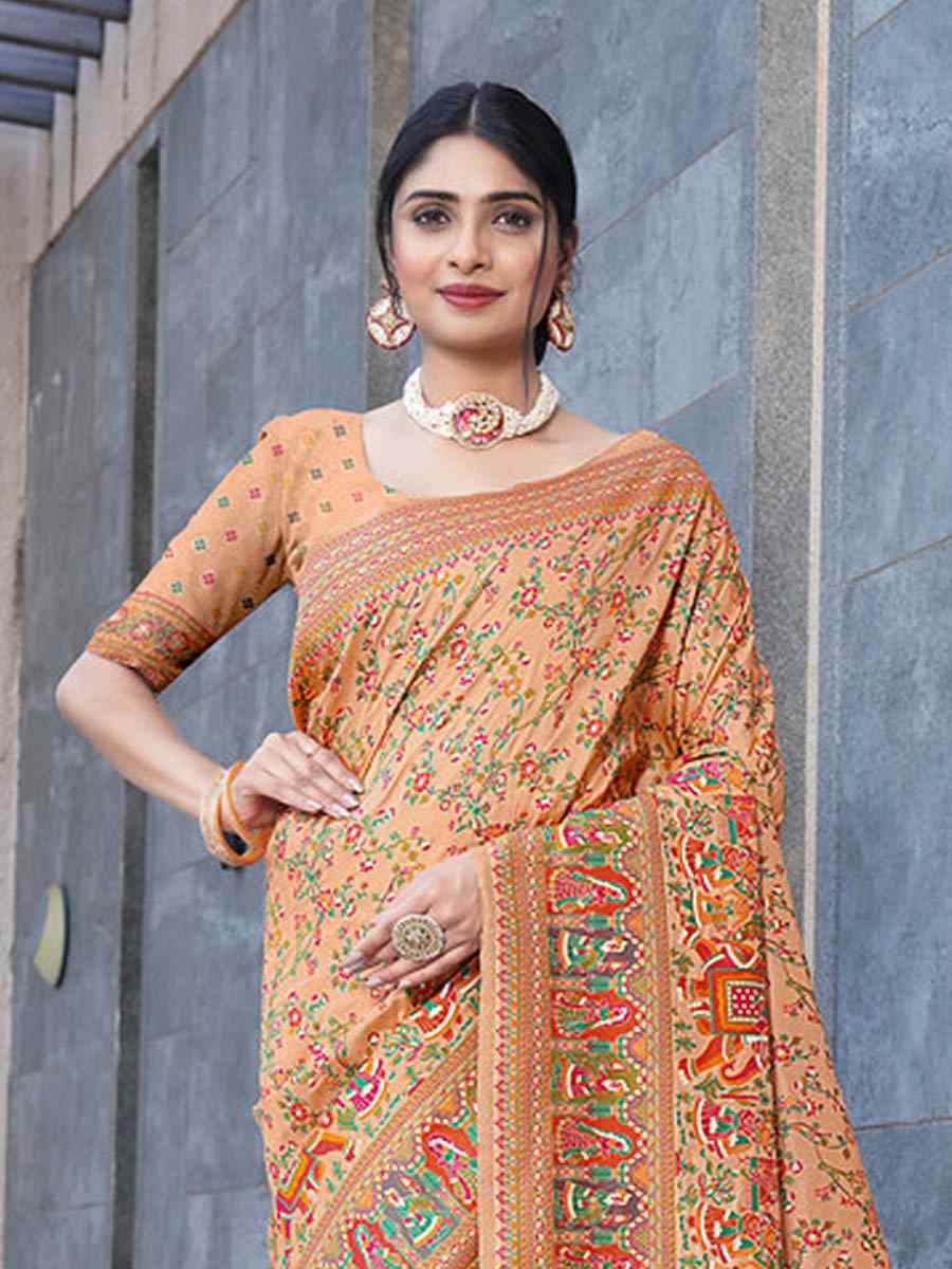 Peach Soft Pure Silk Handwoven Festival Wedding Fancy Heavy Border Saree