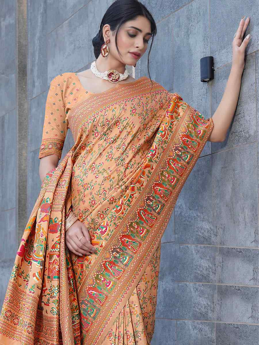 Peach Soft Pure Silk Handwoven Festival Wedding Fancy Heavy Border Saree