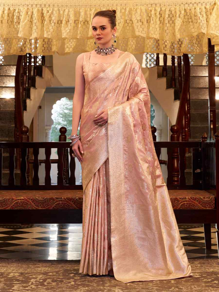 Peach Soft Satin Silk Handwoven Festival Wedding Fancy Heavy Border Saree