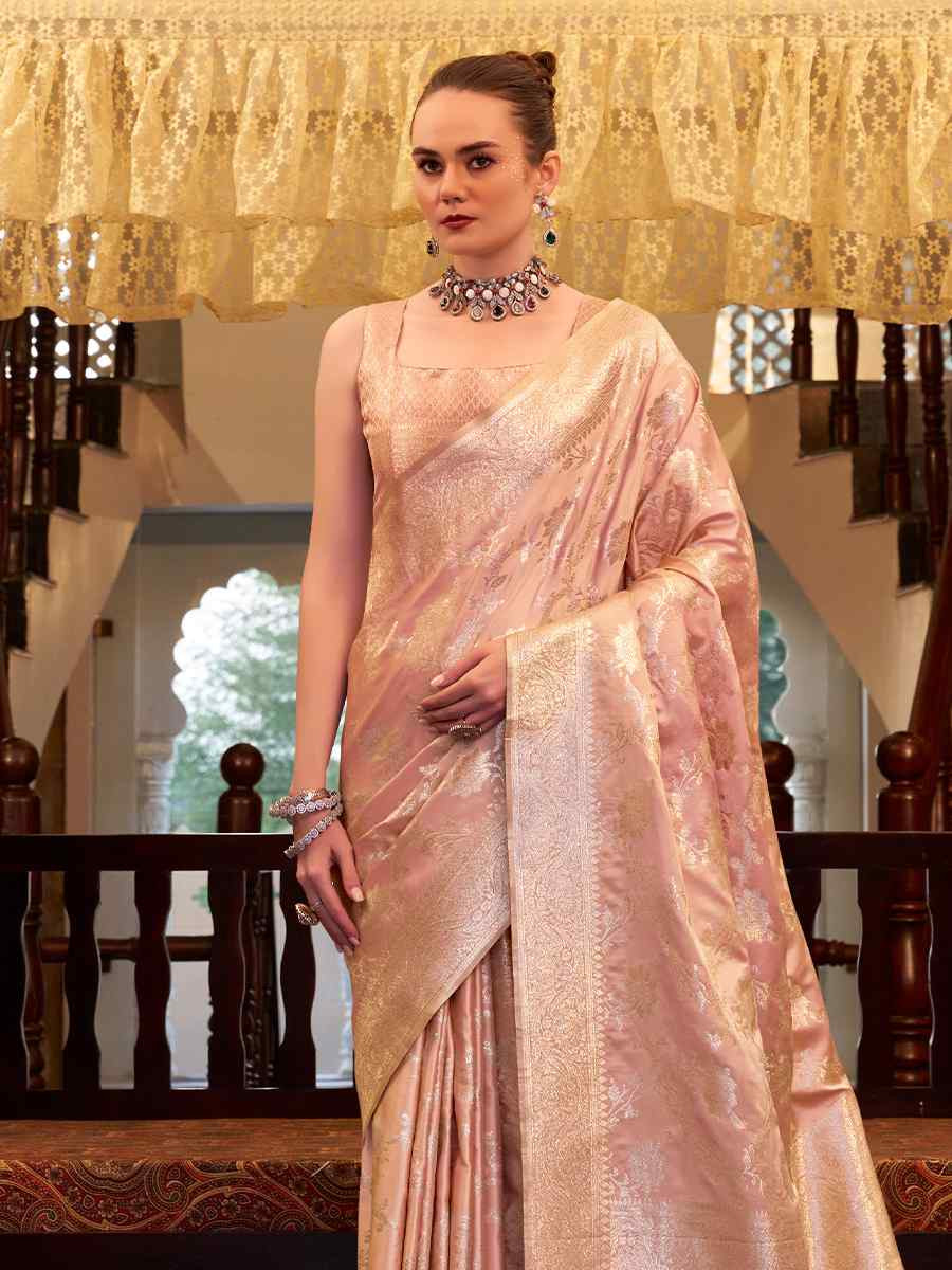 Peach Soft Satin Silk Handwoven Festival Wedding Fancy Heavy Border Saree