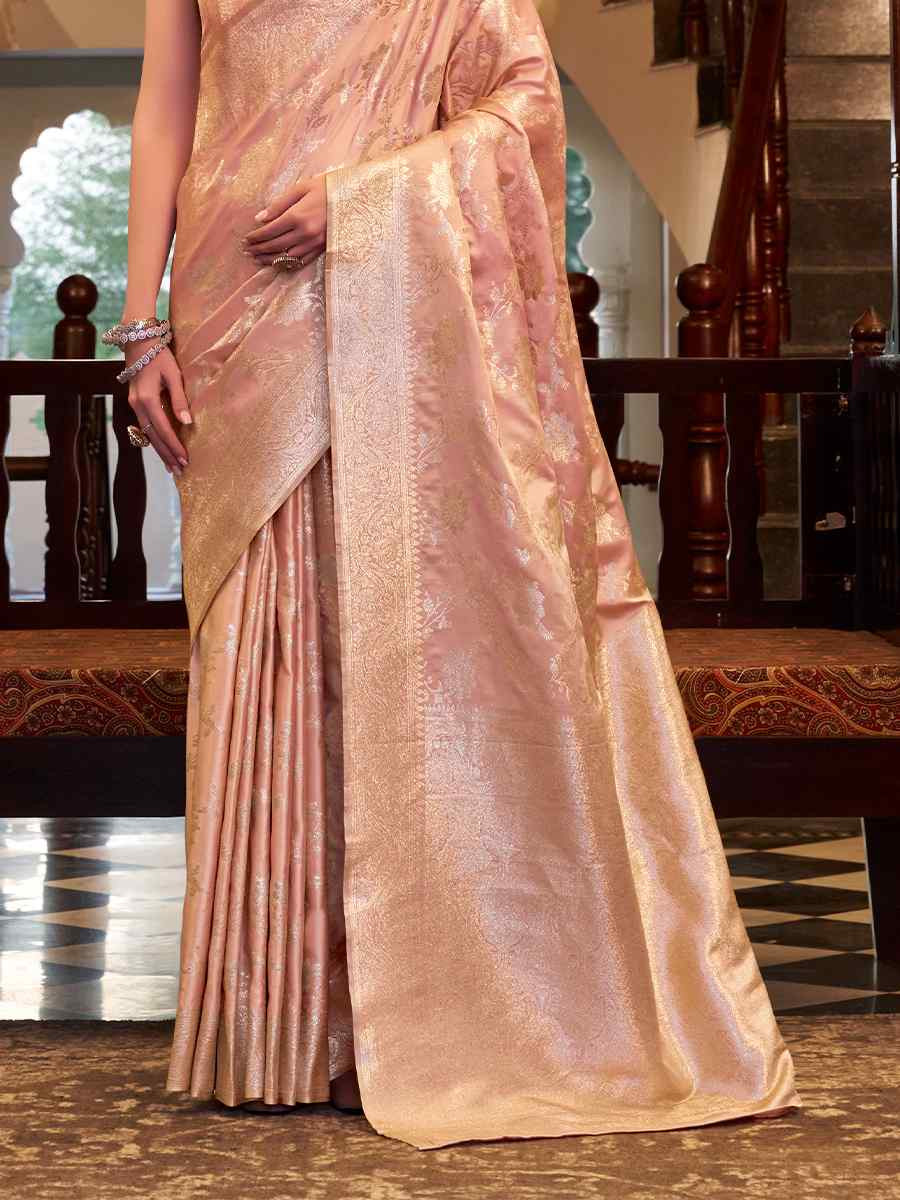 Peach Soft Satin Silk Handwoven Festival Wedding Fancy Heavy Border Saree