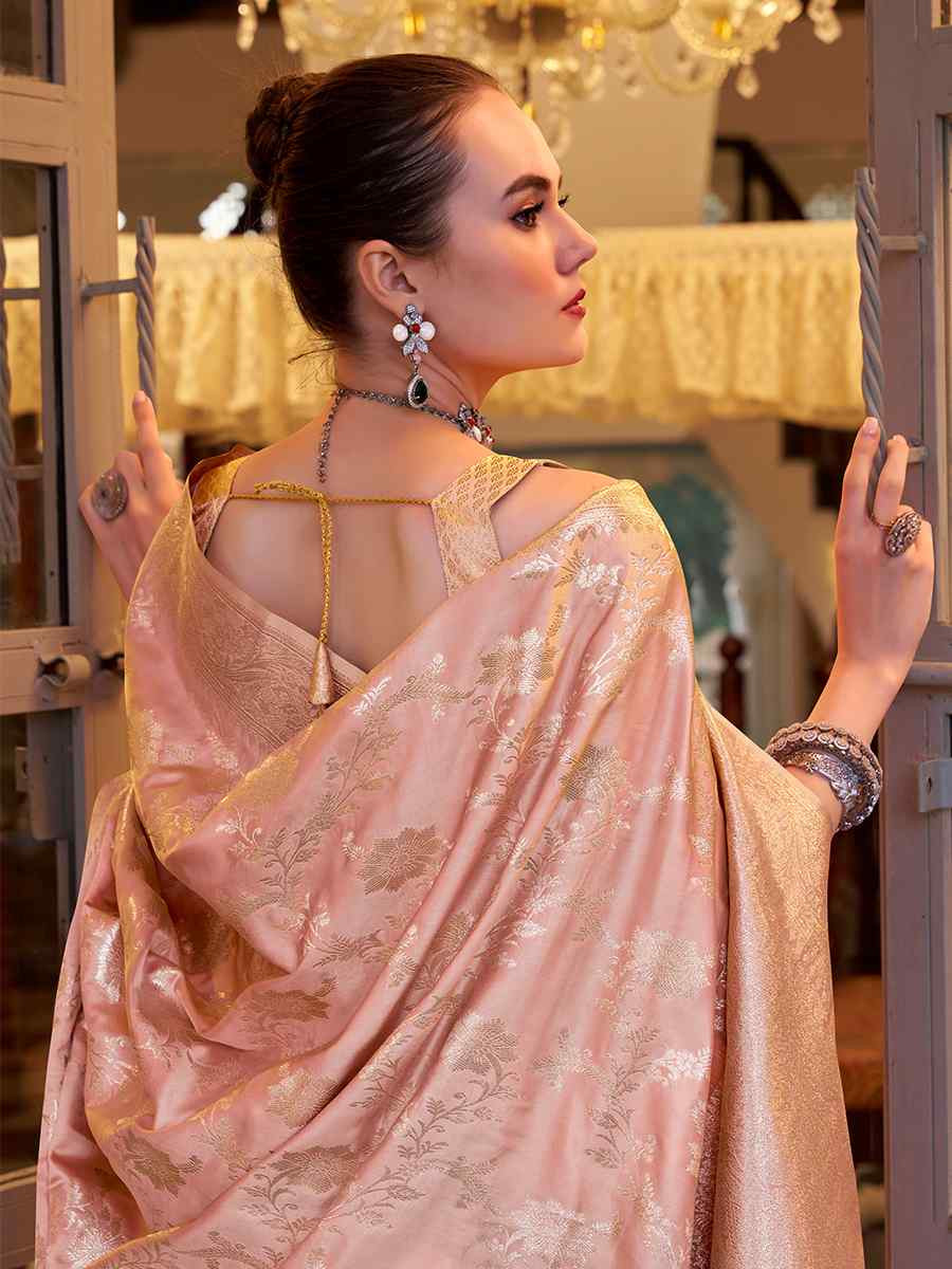 Peach Soft Satin Silk Handwoven Festival Wedding Fancy Heavy Border Saree