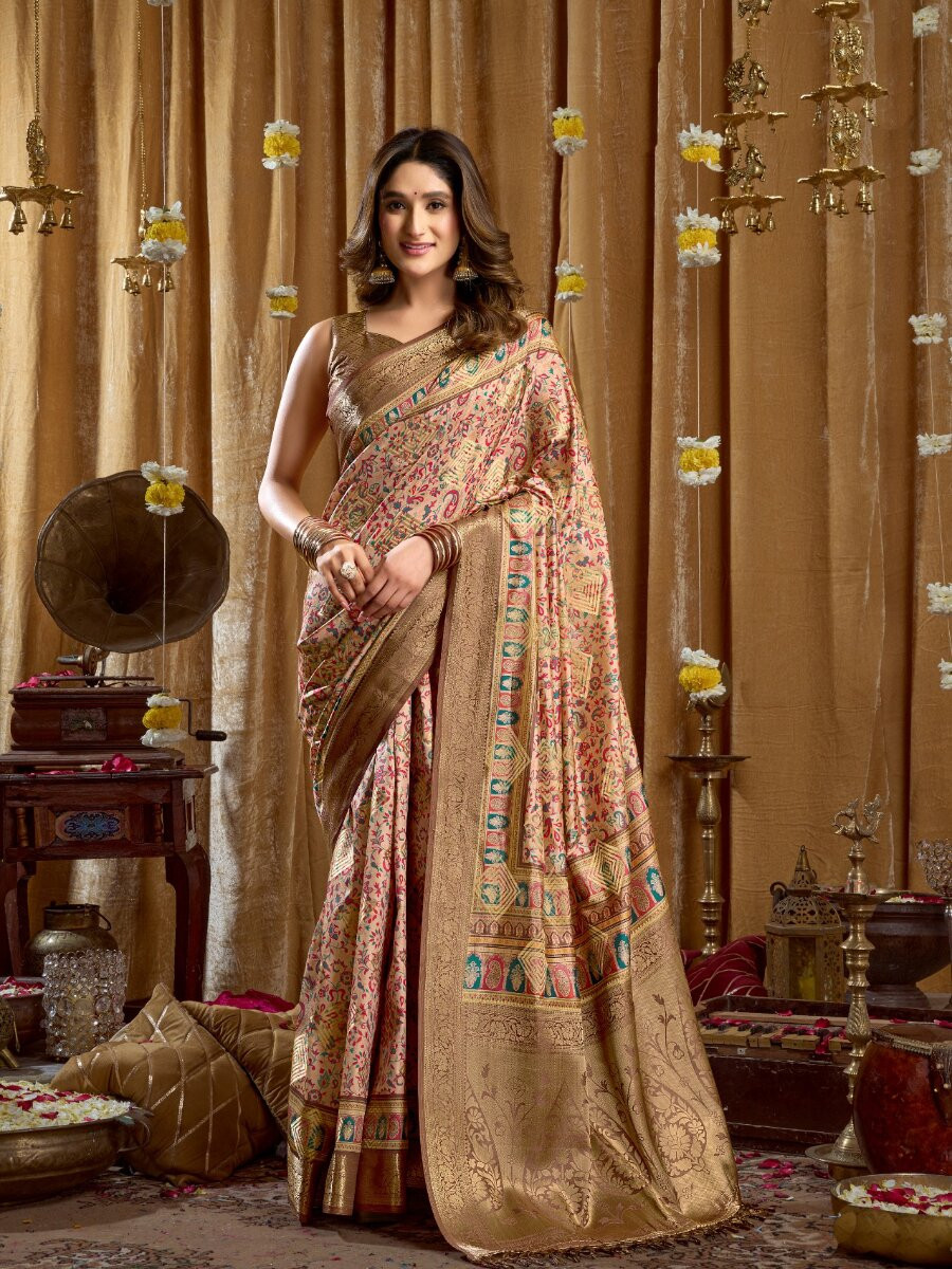 Peach Soft Silk Blend Printed Wedding Reception Party Festival Casual Heavy Border Sarees