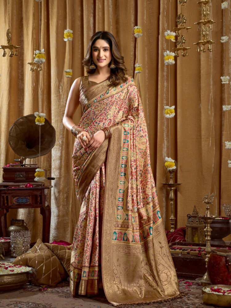 Image of Peach Soft Silk Blend Printed Wedding Reception Party Festival Casual Heavy Border Sarees
