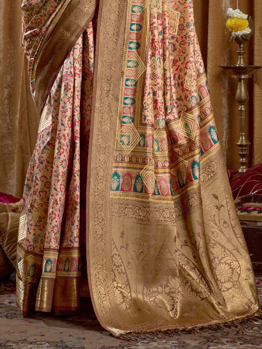 Peach Soft Silk Blend Printed Wedding Reception Party Festival Casual Heavy Border Sarees