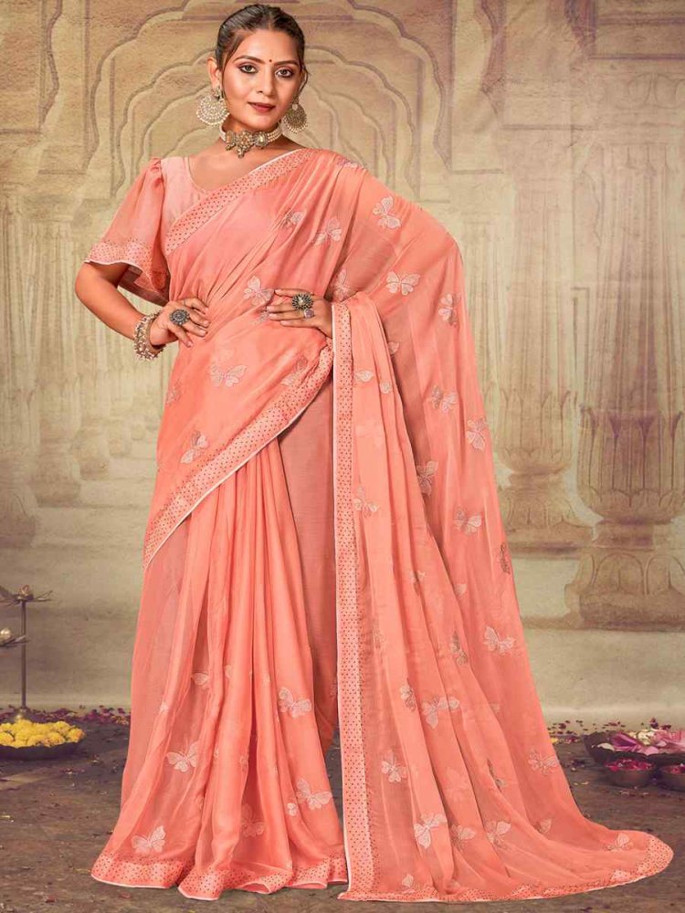 Peach Soft Silk Chiffon Embroidered Wedding Party Heavy Border Saree