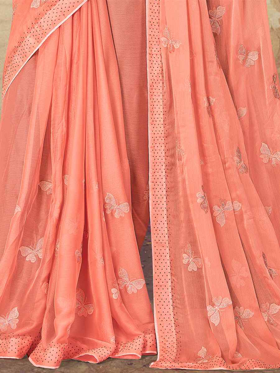 Peach Soft Silk Chiffon Embroidered Wedding Party Heavy Border Saree