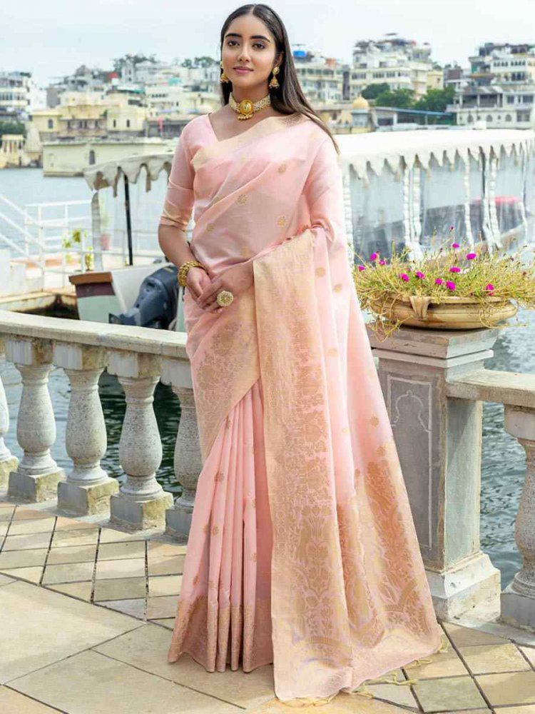 Peach Soft Silk Handwoven Wedding Festival Heavy Border Saree