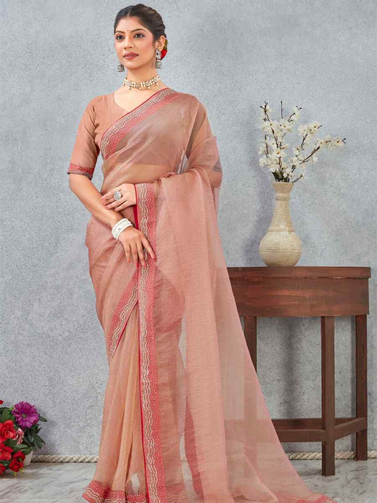 Image of Peach Soft Silk Zircon Stone Embroidery Festival Wedding Fancy Classic Heavy Border Saree