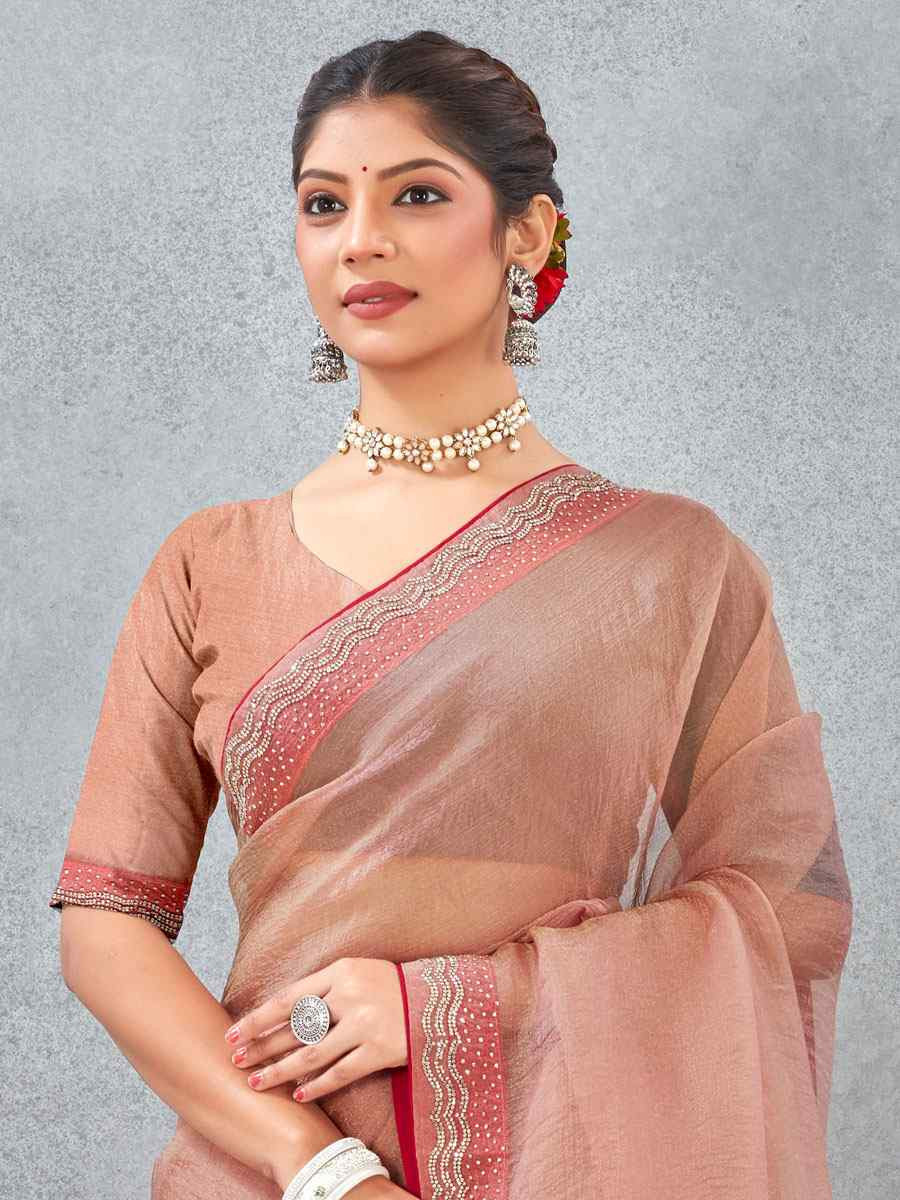 Peach Soft Silk Zircon Stone Embroidery Festival Wedding Fancy Classic Heavy Border Saree