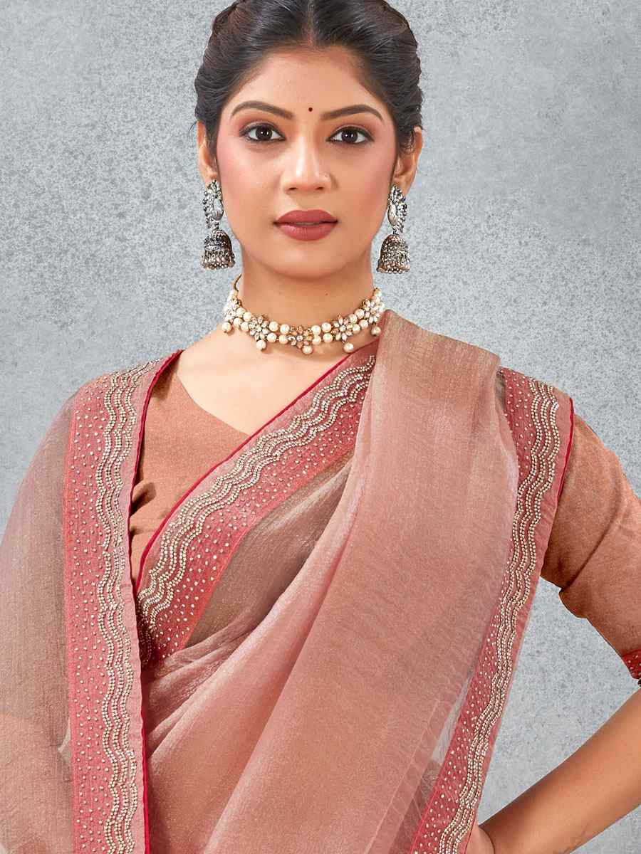 Peach Soft Silk Zircon Stone Embroidery Festival Wedding Fancy Classic Heavy Border Saree