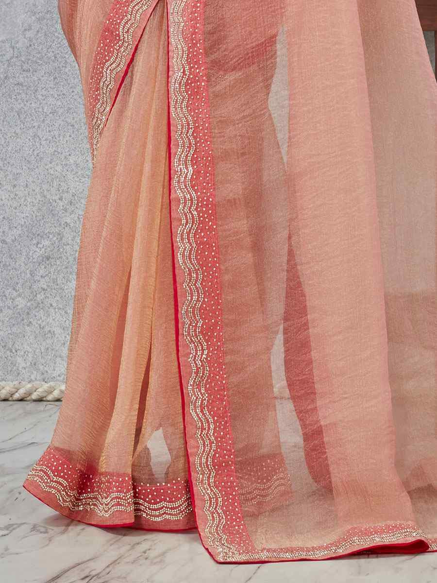 Peach Soft Silk Zircon Stone Embroidery Festival Wedding Fancy Classic Heavy Border Saree