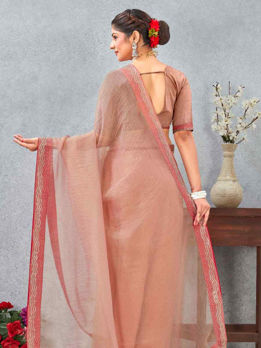Peach Soft Silk Zircon Stone Embroidery Festival Wedding Fancy Classic Heavy Border Saree