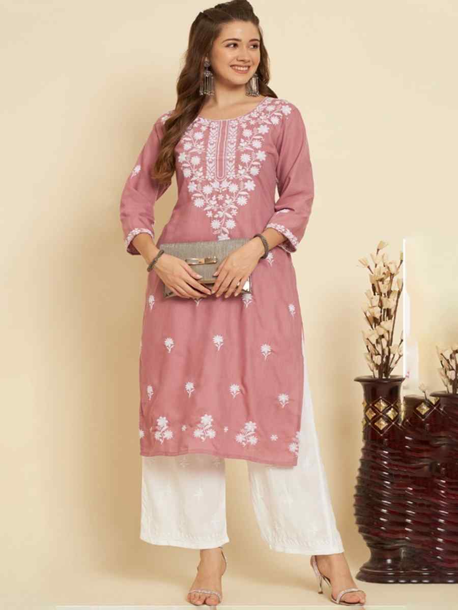 Peach Soft Slub Cotton Embroidered Festival Casual Kurti