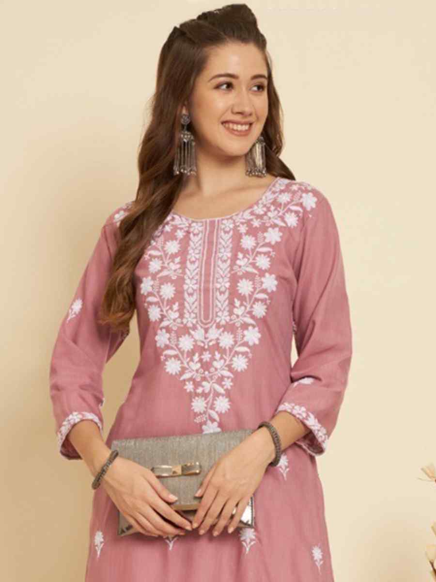 Peach Soft Slub Cotton Embroidered Festival Casual Kurti