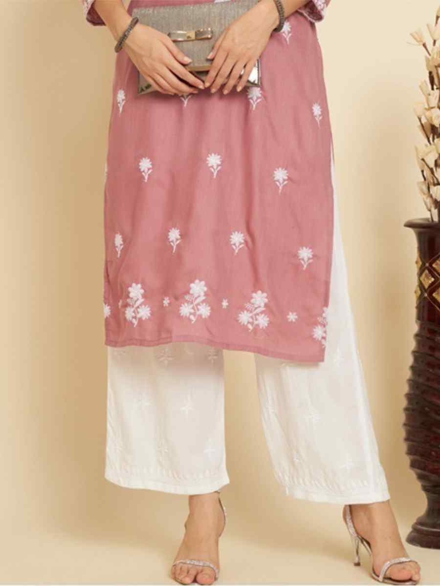 Peach Soft Slub Cotton Embroidered Festival Casual Kurti