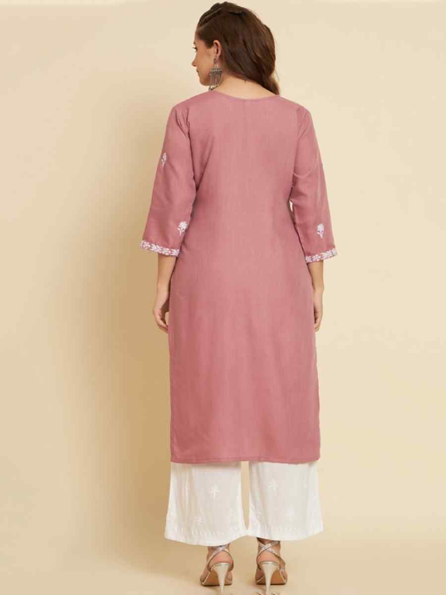 Peach Soft Slub Cotton Embroidered Festival Casual Kurti