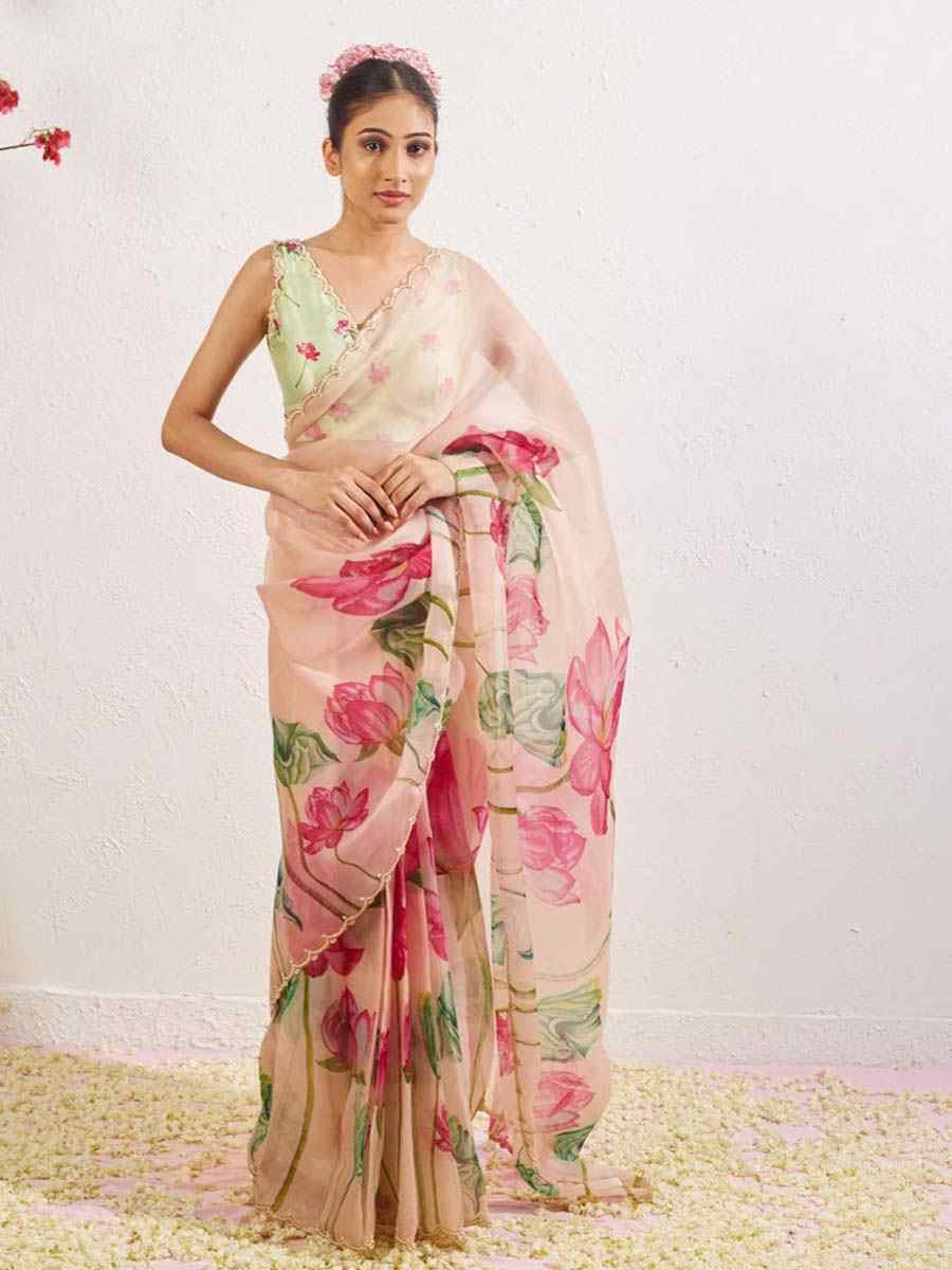 Peach Soft Tebi Silk Embroidered Festival Wedding Fancy Heavy Border Saree