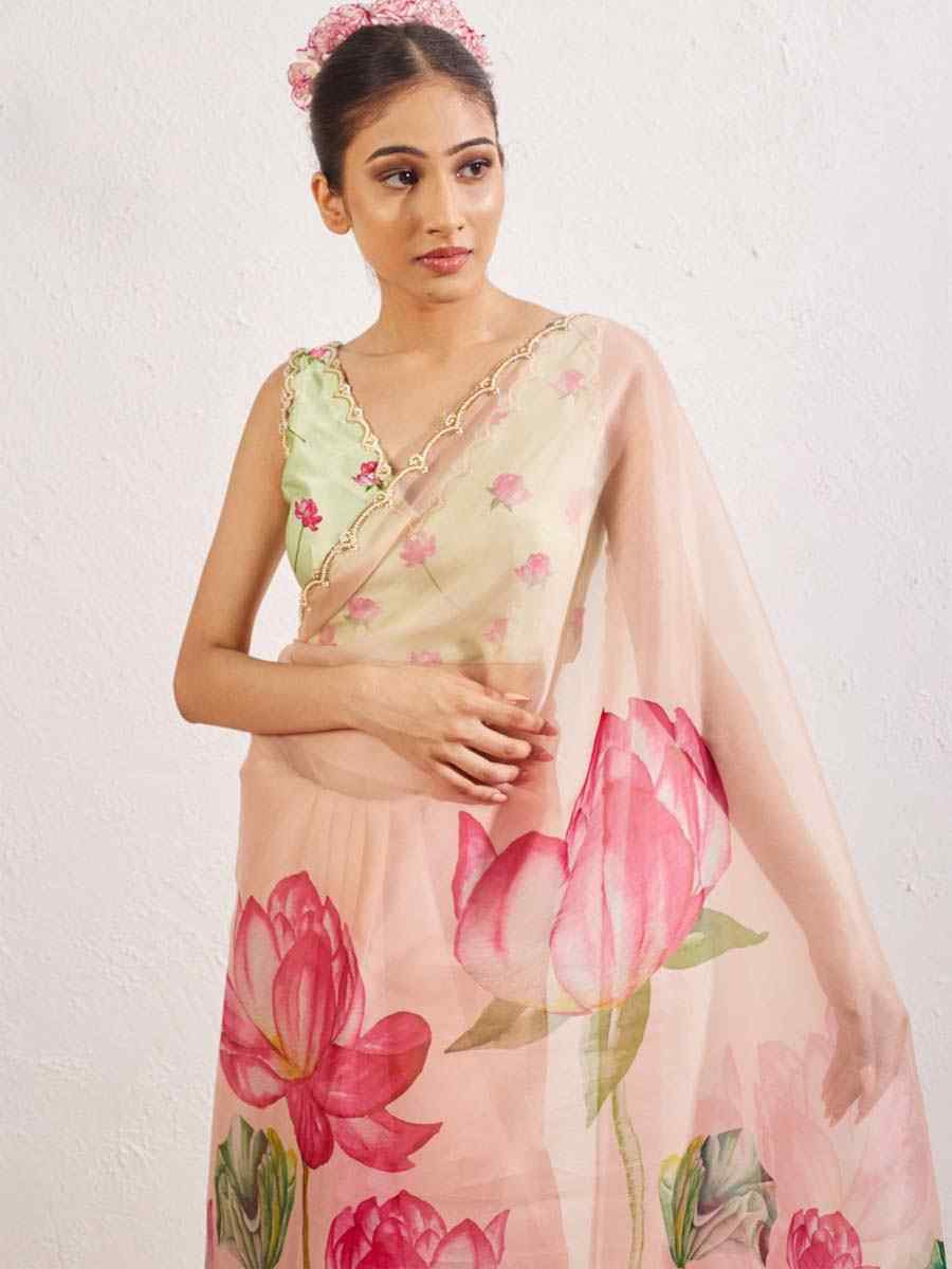 Peach Soft Tebi Silk Embroidered Festival Wedding Fancy Heavy Border Saree