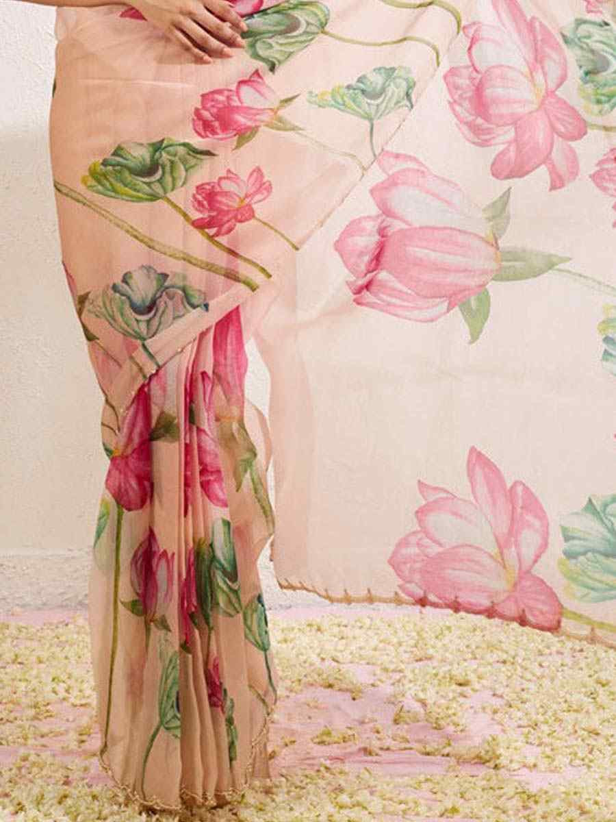 Peach Soft Tebi Silk Embroidered Festival Wedding Fancy Heavy Border Saree