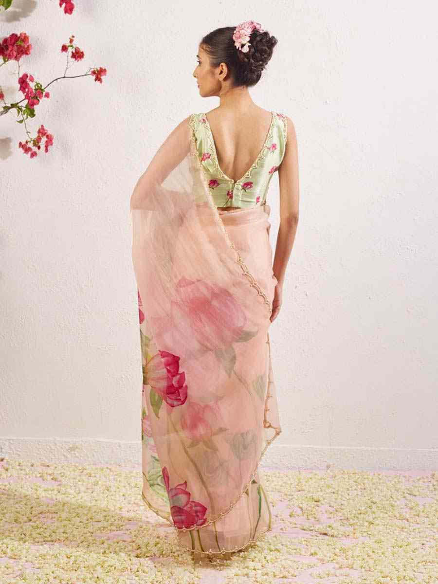 Peach Soft Tebi Silk Embroidered Festival Wedding Fancy Heavy Border Saree