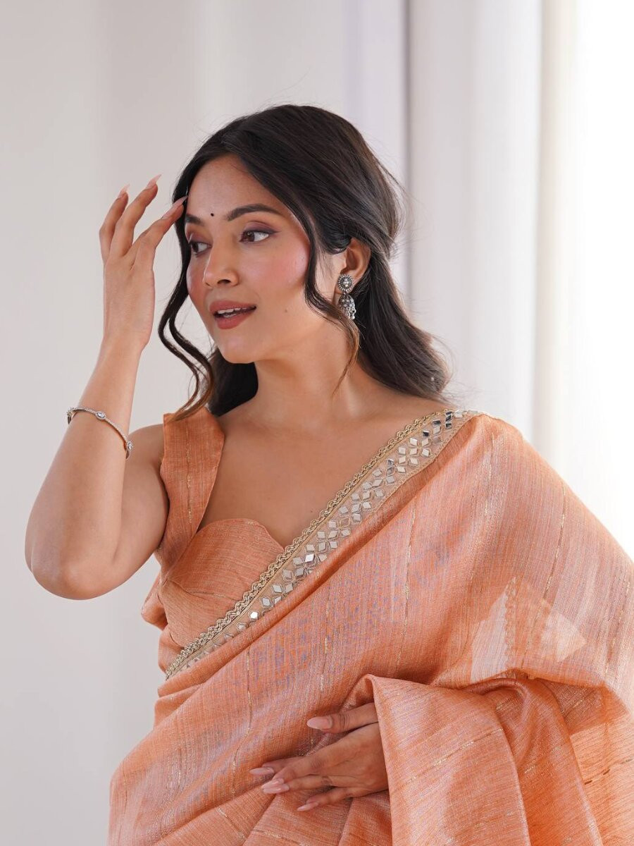 Peach Spun Cotton Embroidery Woven Designer Wedding Reception Party Festival Casual Heavy Border Sarees