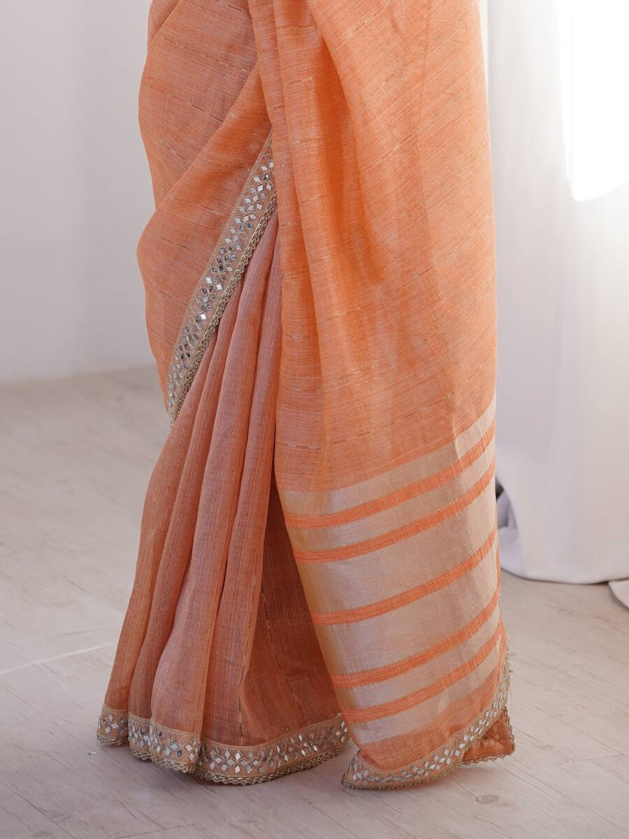 Peach Spun Cotton Embroidery Woven Designer Wedding Reception Party Festival Casual Heavy Border Sarees