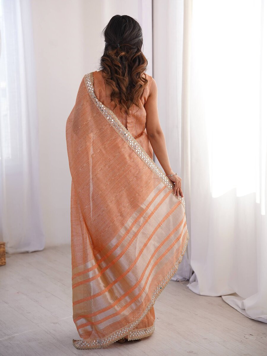 Peach Spun Cotton Embroidery Woven Designer Wedding Reception Party Festival Casual Heavy Border Sarees