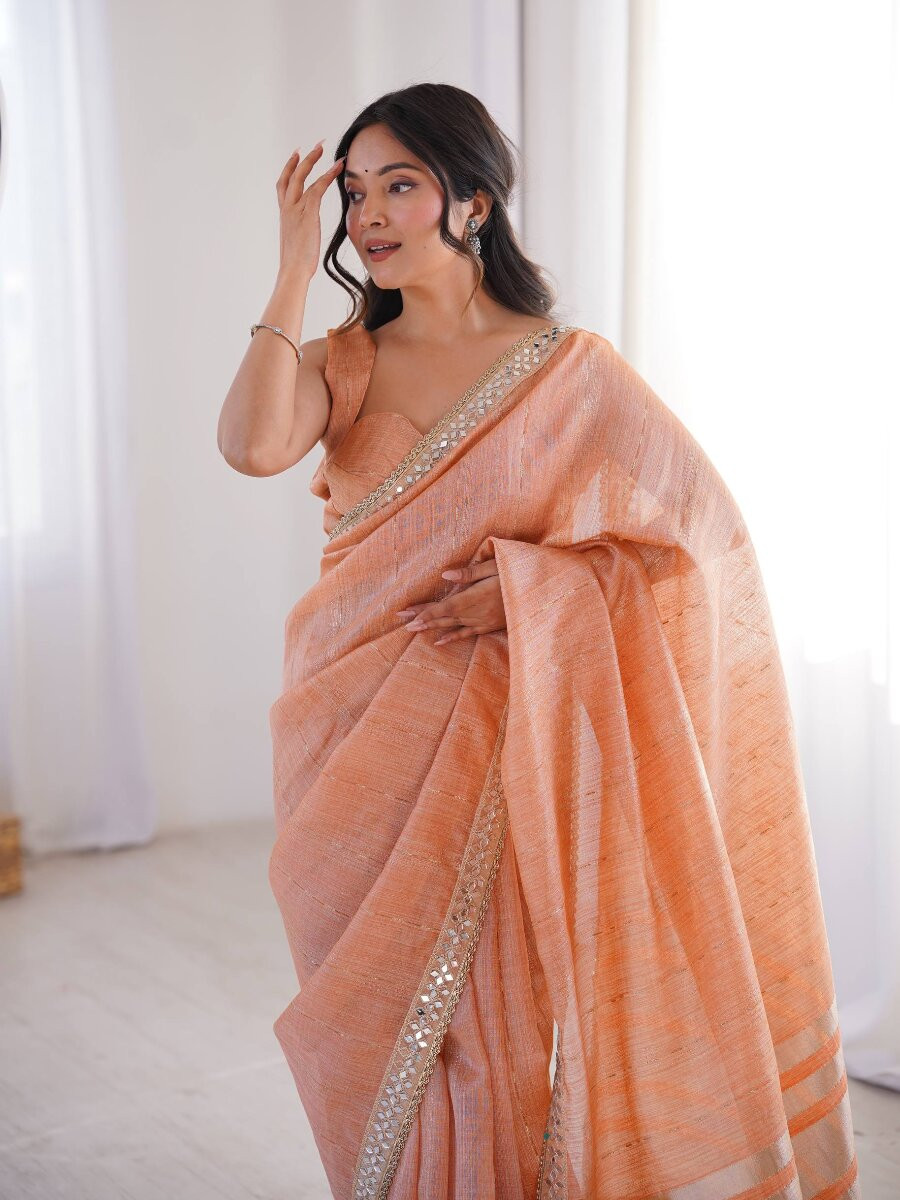 Peach Spun Cotton Embroidery Woven Designer Wedding Reception Party Festival Casual Heavy Border Sarees