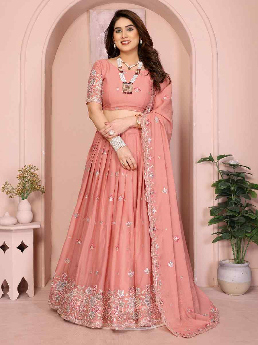 Peach Star Georgette Embroidered Festival Wedding Party Reception Heavy Border Lehenga Choli